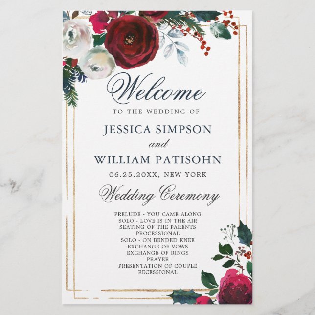 Elegant  Burgundy Winter Wedding Ceremony Program (Front)
