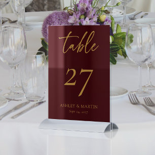 Elegant Burgundy with Gold Personalized Wedding Table Number