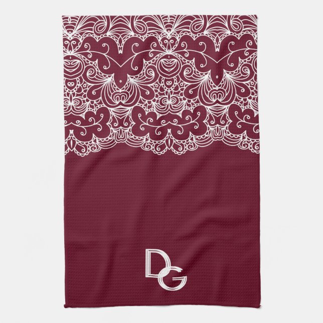 Elegant Burgundy with White Lace Initials Kitchen Towel (Vertical)