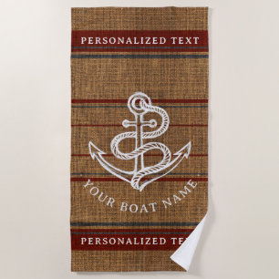 Elegant Burlap Anchor Nautical Boat Name Custom Beach Towel