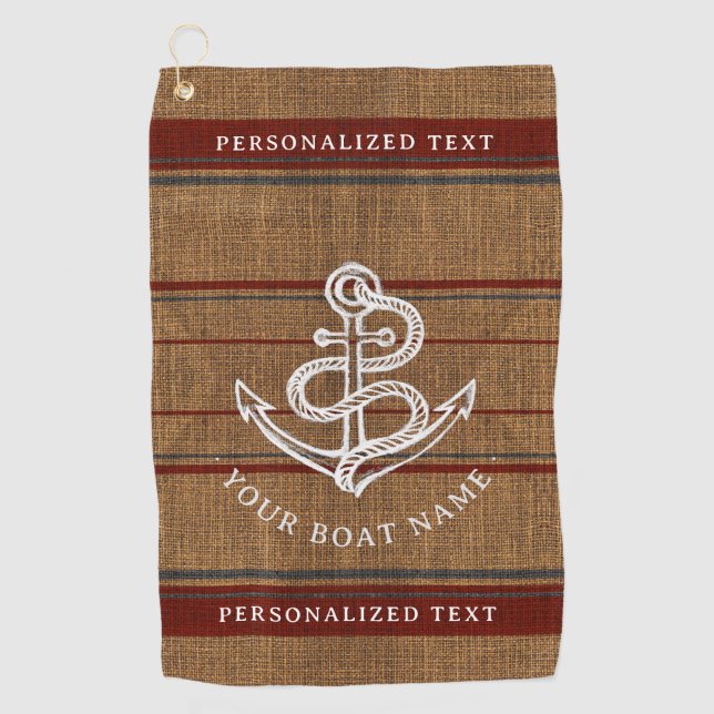    Elegant Burlap Anchor Nautical Boat Name Custom Golf Towel (Front)