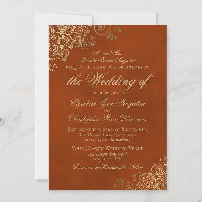 Elegant Burnt or Rust Orange & Gold Formal Wedding Invitation (Front)