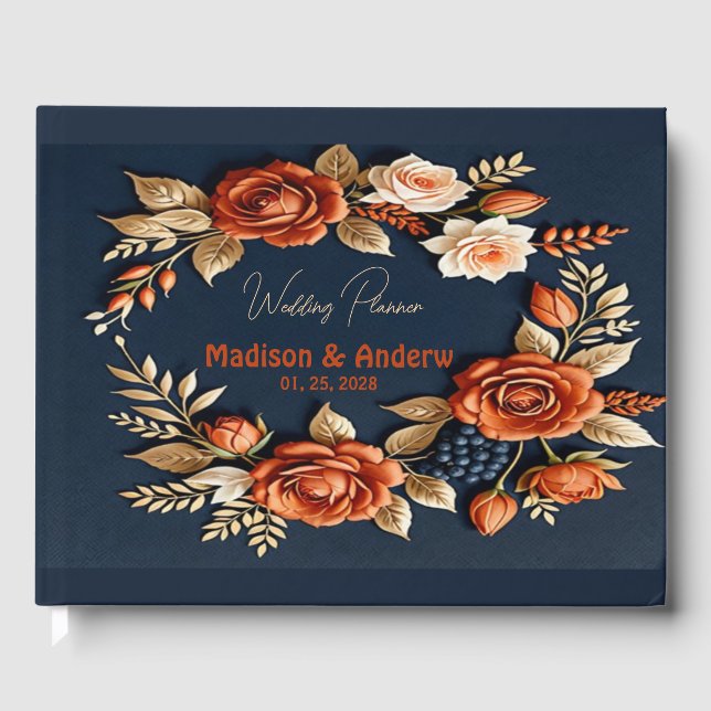 Elegant Burnt Orange and Navy Blue Floral Wedding  Guest Book (Front)