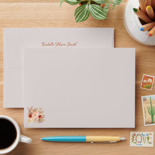 Elegant Burnt Orange Bohemian Boho Flowers Wedding Envelope (Desk)