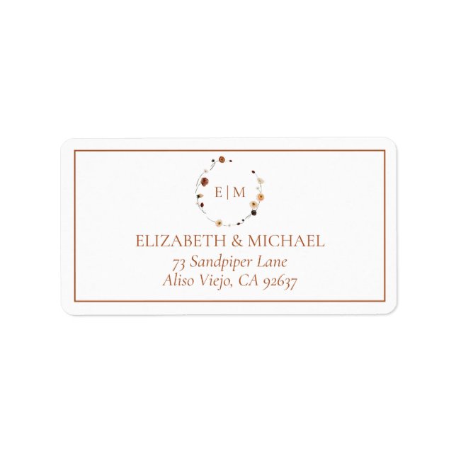 Elegant Burnt Orange Floral Crest Monogram Address Label (Front)