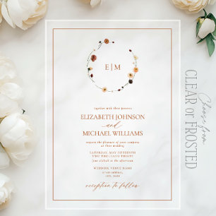 Elegant Burnt Orange Floral Crest Monogram Wedding Acrylic Invitations