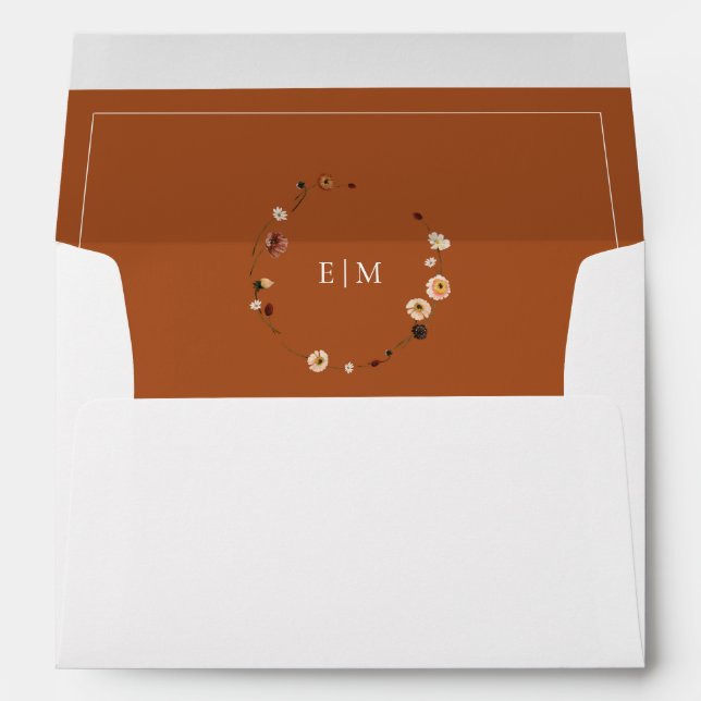 Elegant Burnt Orange Floral Crest Monogram Wedding Envelope (Back (Bottom))