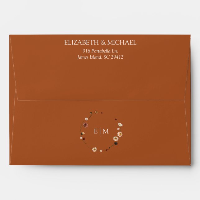 Elegant Burnt Orange Floral Crest Monogram Wedding Envelope (Back (Top Flap))
