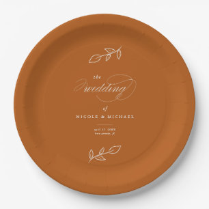 Elegant Burnt Orange Minimalist Leaves Wedding Paper Plate
