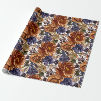 Elegant Burnt Orange Navy Blue Fall Autumn Floral  Wrapping Paper