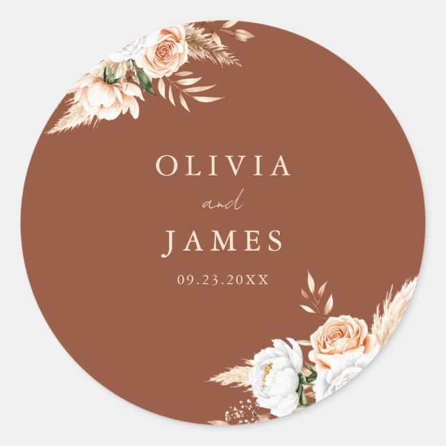 Elegant Burnt Orange Terracotta Floral Wedding  Classic Round Sticker (Front)
