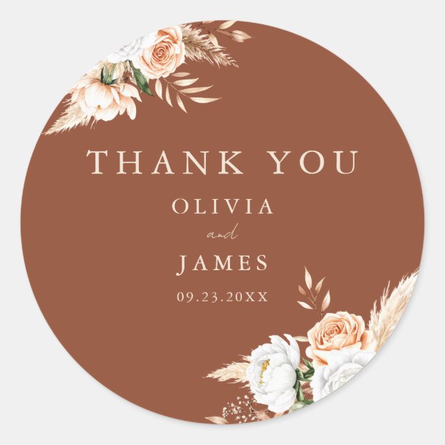 Elegant Burnt Orange Terracotta Floral Wedding  Classic Round Sticker (Front)