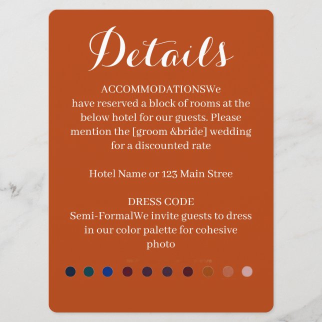 Elegant Burnt Orange Wedding Details Accommodation Program (Front)