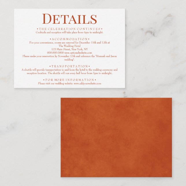 Elegant Burnt Orange Wedding Details Enclosure Card (Front/Back)