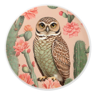 Elegant Burrowing Owl And Cactuses Ceramic Knob