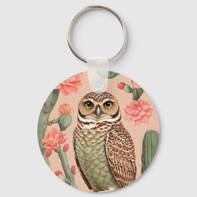Elegant Burrowing Owl And Cactuses  Keychain (Front)