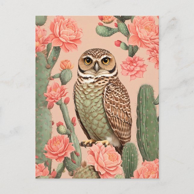 Elegant Burrowing Owl And Cactuses  Postcard (Front)