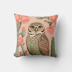 Elegant Burrowing Owl And Cactuses Throw Pillow