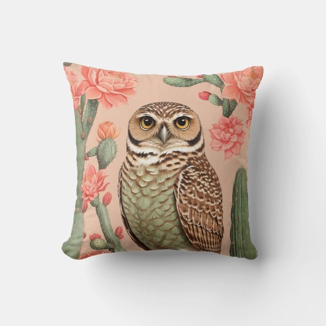Elegant Burrowing Owl And Cactuses  Throw Pillow (Front)
