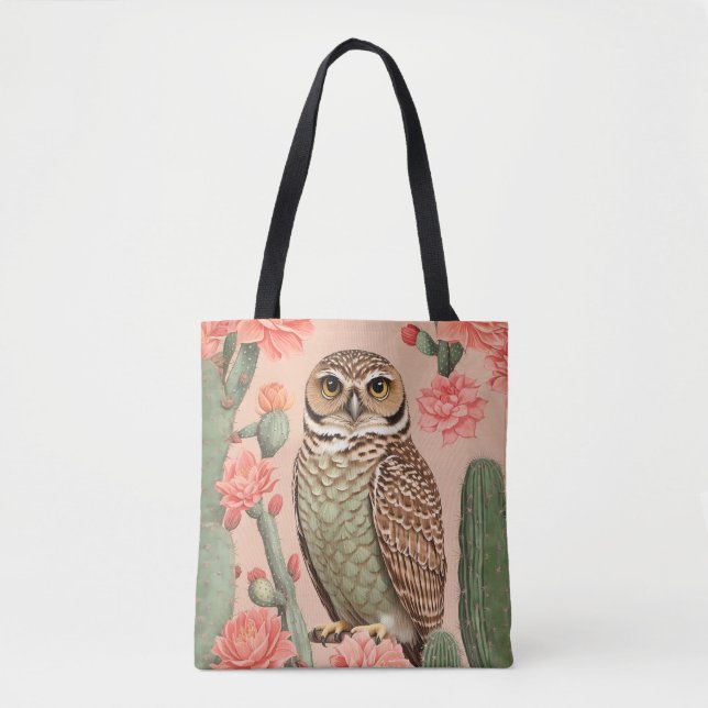 Elegant Burrowing Owl And Cactuses  Tote Bag (Front)