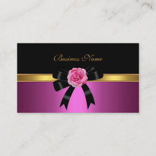 Elegant Business Card Pink Rose Black Gold Bow