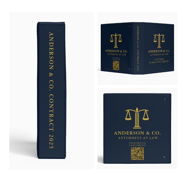 Elegant Business Logo Law Firm Qr Code Navy Blue  Binder (business logo binders corporate records minimalist clean simple promotional swag)