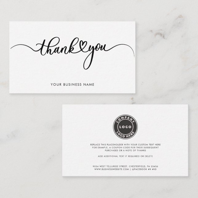 Elegant Business Logo Script Thank You Card (Front/Back)