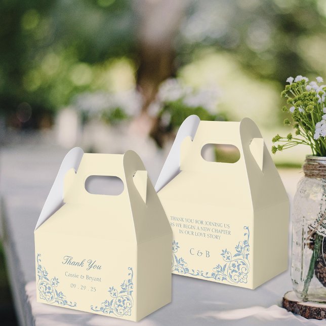 Elegant Butter Yellow and Blue Wedding Thank You Favor Box (elegant butter yellow wedding thank you gift favor boxes with bride and groom name plus message)