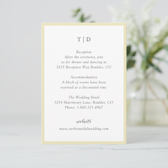 Elegant Butter Yellow Monogram Modern Wedding Enclosure Card (Standing Front)