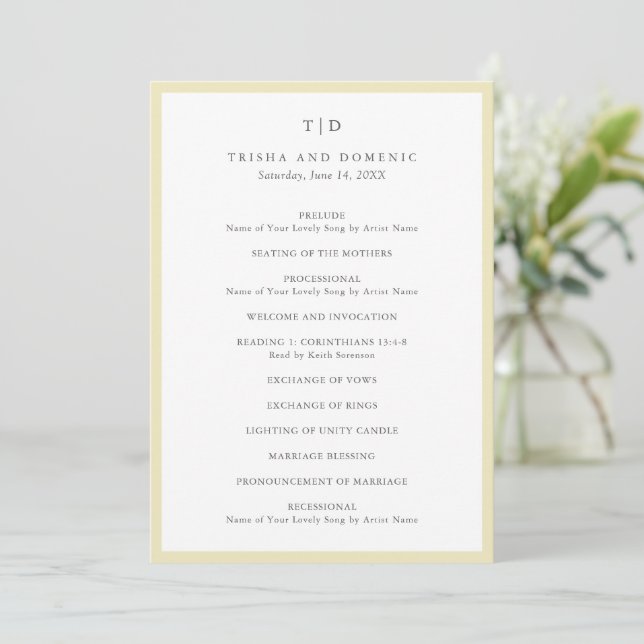 Elegant Butter Yellow Monogram Modern Wedding Program (Standing Front)