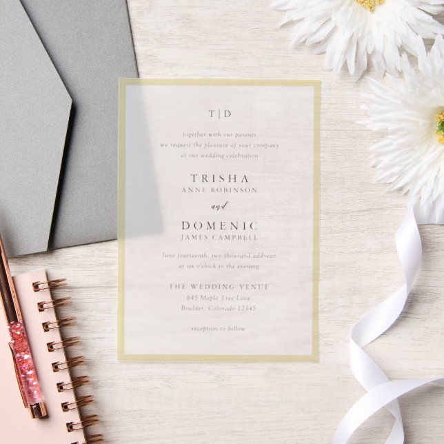 Elegant Butter Yellow Monogram Modern Wedding Vellum Invitations (Wedding)