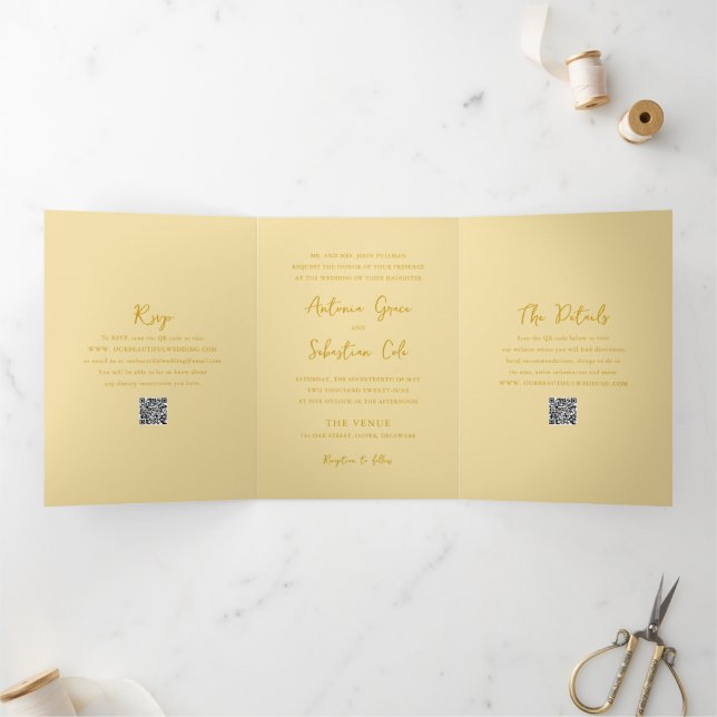 Elegant Butter Yellow QR Code Modern Wedding Tri-Fold Invitation (Inside)