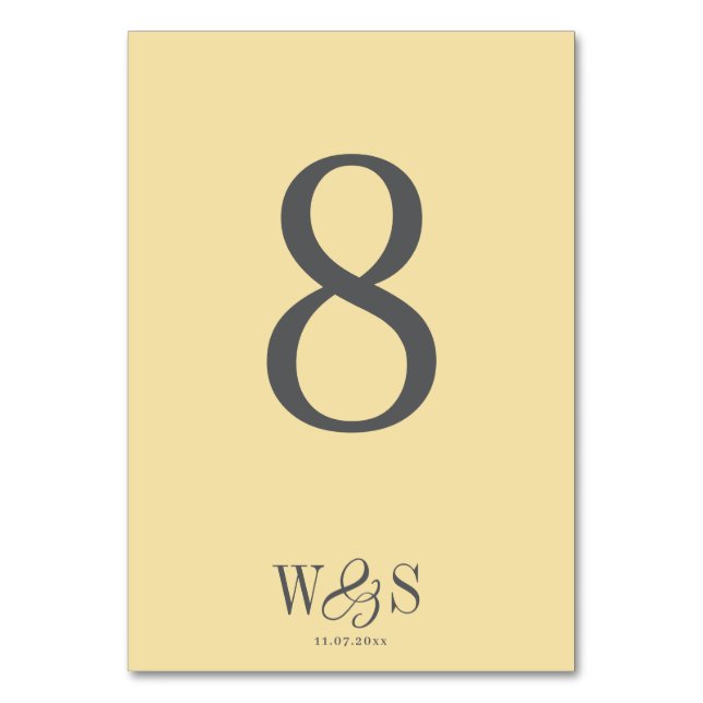 Elegant Butter Yellow wedding couples initials Table Number (Front)