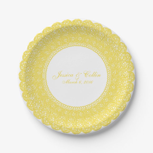 Elegant buttercup yellow lace doiley custom plate (Front)