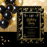 Elegant Butterflies 18th Birthday Party Black Gold<br><div class="desc">Modern,  elegant and classy black and real gold foil butterflies 18th birthday party design.  Back background features a diagonal grid pattern in faux gold.  Composite by Holiday Hearts Designs (rights reserved).</div>