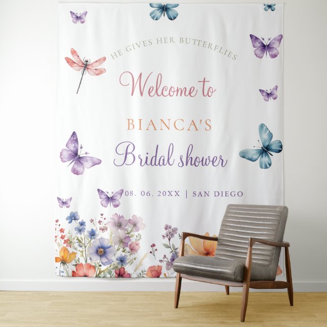 Elegant Butterflies bridal shower Welcome Tapestry (In Situ)