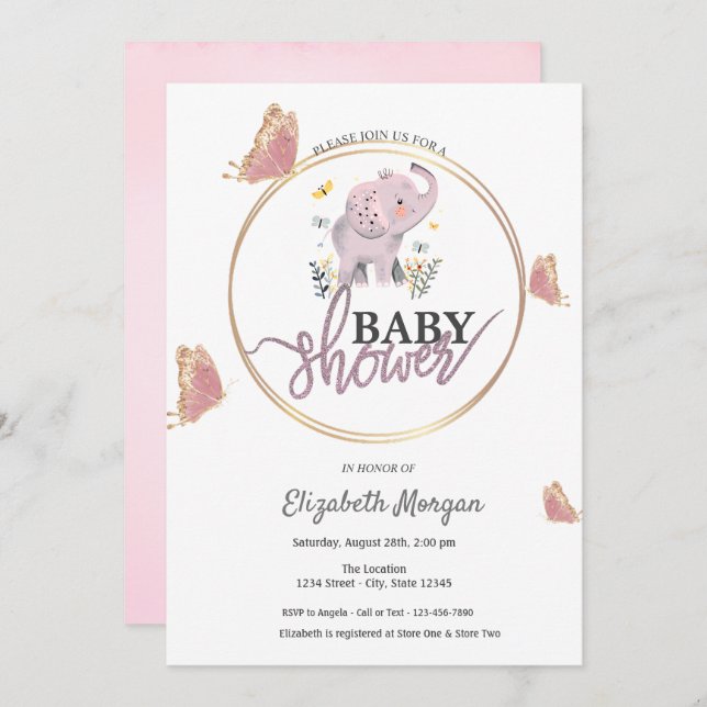 Elegant Butterflies Pink Elephant Baby Shower   Invitation (Front/Back)