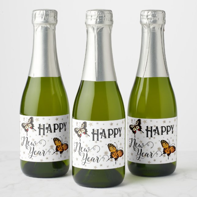   Elegant Butterflies & Stars White Happy New Year Sparkling Wine Label (Bottles)