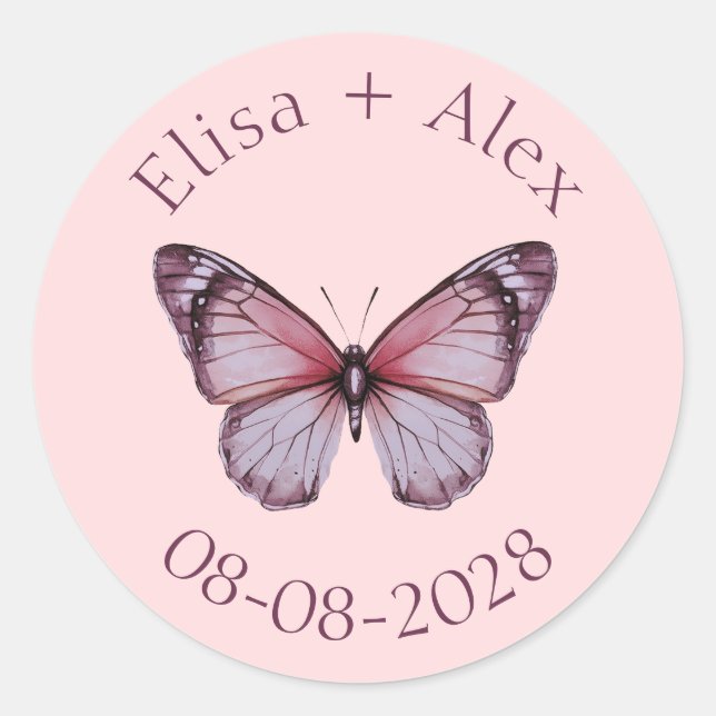 Elegant Butterflies Wedding Engagement CUSTOM Classic Round Sticker (Front)