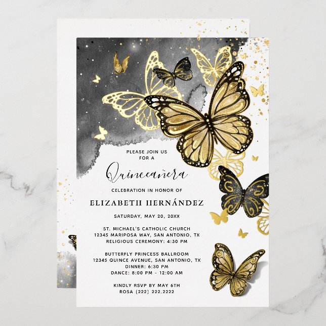 Elegant Butterfly Black Quinceanera Real Gold (Front/Back)