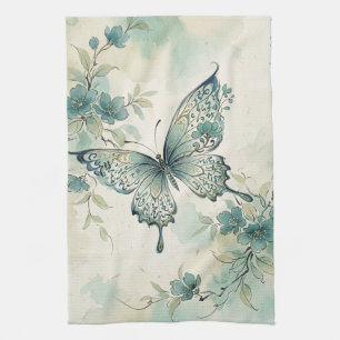 Elegant Butterfly Blossom Ink Art Kitchen Towel