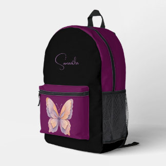 Elegant Butterfly Deep Plum Purple Custom Name Printed Backpack