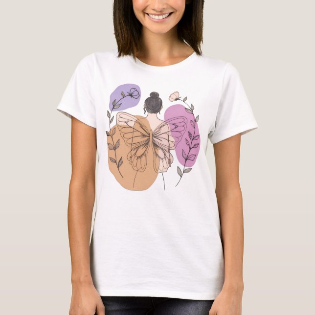Elegant Butterfly Fairy Woman Line Art  T-Shirt (Front)