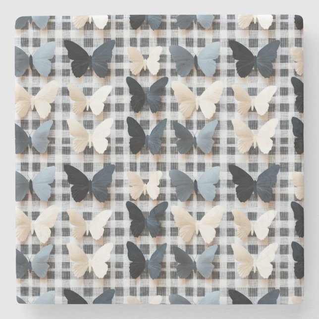 Elegant Butterfly Grid Pattern Stone Coaster (Front)