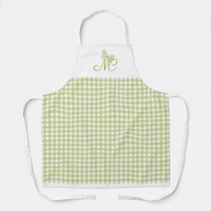 Elegant Butterfly Monogram Green Gingham Checks Apron