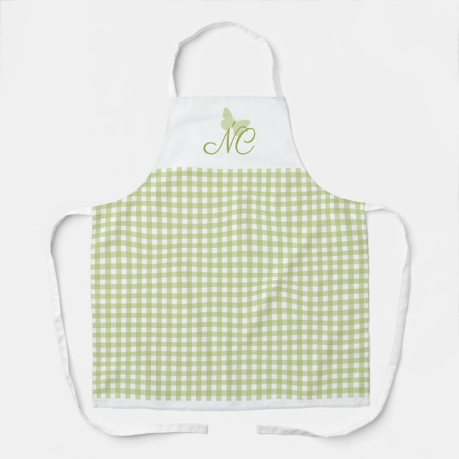 Elegant Butterfly Monogram Green Gingham Checks Apron (Front)
