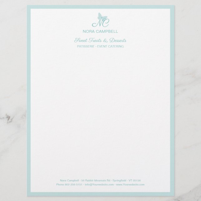 Elegant Butterfly Monogram Pastel Turquoise Border Letterhead (Front)