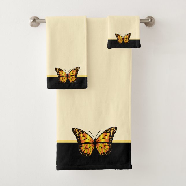 Elegant butterfly on ivory & black stripe bath tow bath towel set (Insitu)
