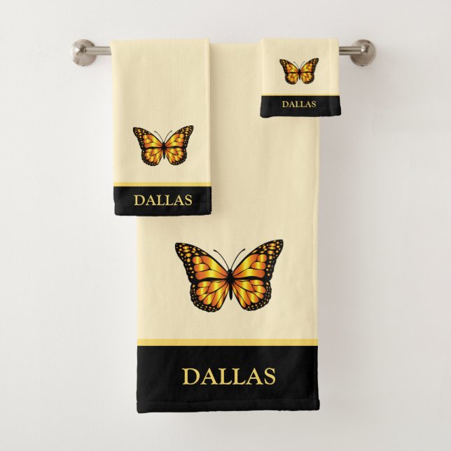 Elegant butterfly on ivory & black stripe bath towel set (Insitu)