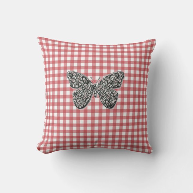 Elegant Butterfly On Red Gingham Cushion (Front)